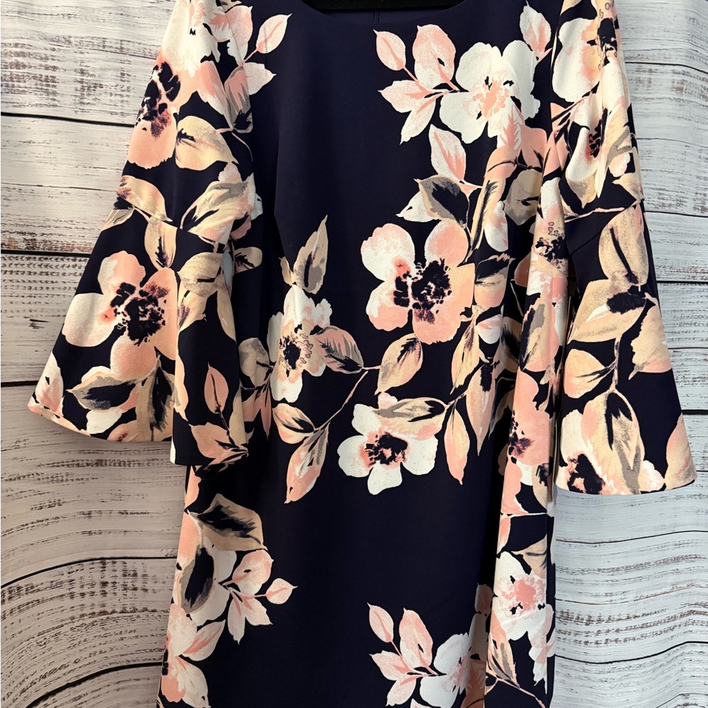 Eliza J Dress Women 16W Navy Blue Pink Floral 3/4 Bell Sleeve Stretch NWT $150